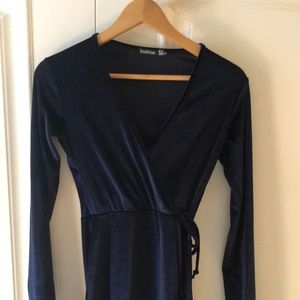 Navy crushed velvet wrap dress